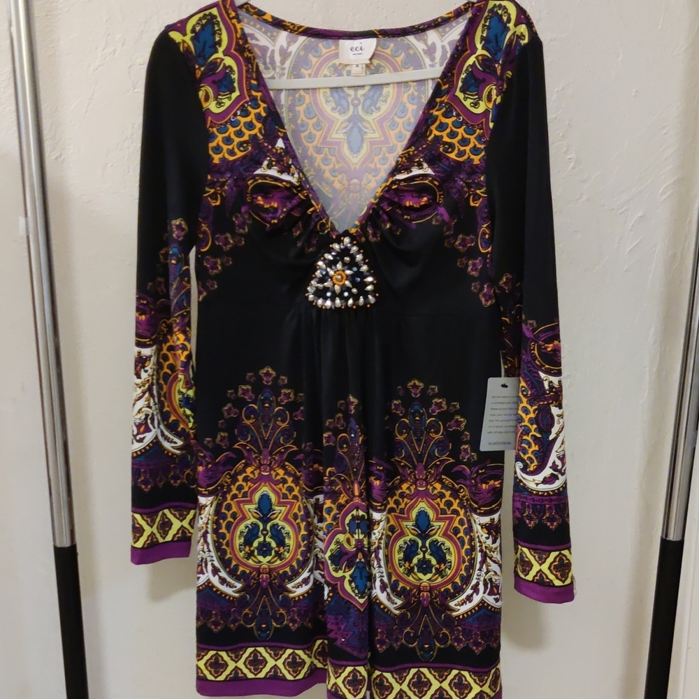 Eci Black/ Multicolor Print Long Sleeve Dress Bling Accent Stretchy Sz M